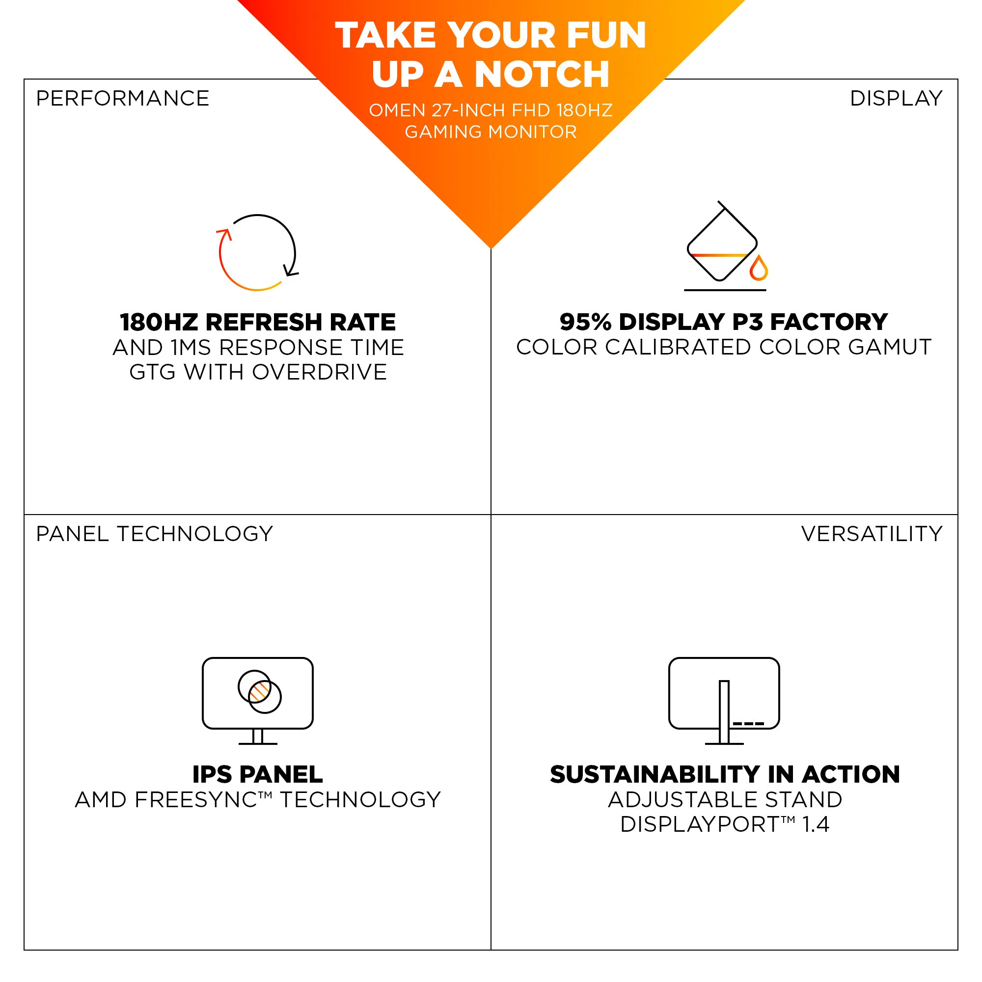OMEN 27 inch FHD 180Hz Gaming Monitor - OMEN 27 G2, 180 Hz, 95% Display P3, IPS; LCD, No integrated camera, HP Eye Ease (Eyesafe® certified) - Image 8